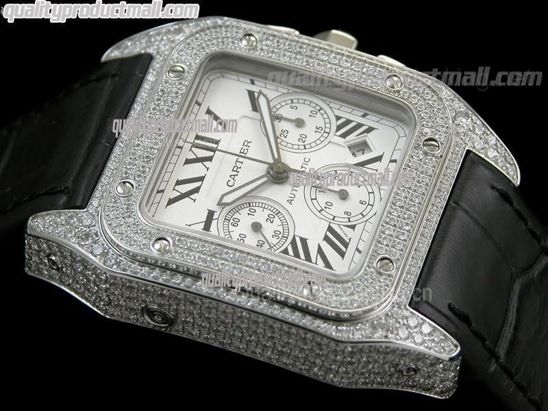 Cartier Santos 100th Anniversary Automatic Watch-White Dial Diamond Crested Bezel-Black Leather Strap