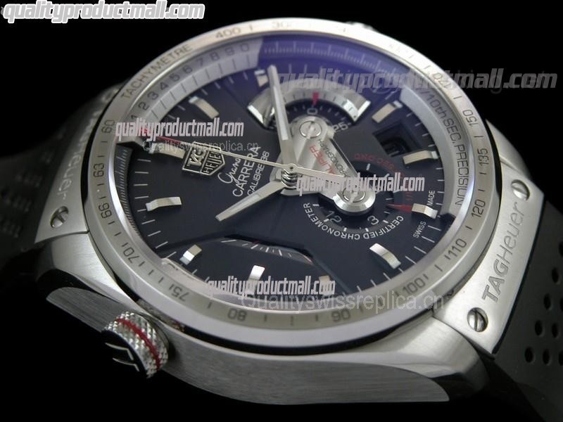 Tag Heuer Grand Carrera Calibre 36 Chronograph-Black dial Sucken Steel Subdials-Black Rubber Bracelet