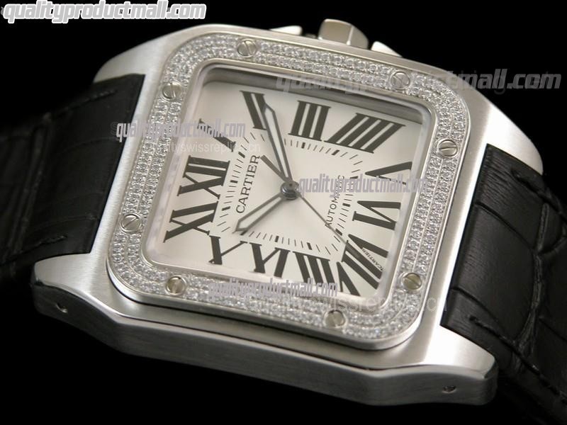 Cartier Santos 100th Anniversary Automatic Watch-White Dial Diamond Bezel-Black Leather Strap