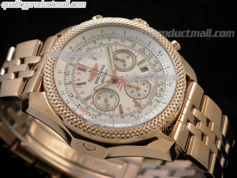 Breitling Bentley 30S Chronograph 18K Rose Gold-White Dial White Subdials-Stainless Steel bracelet