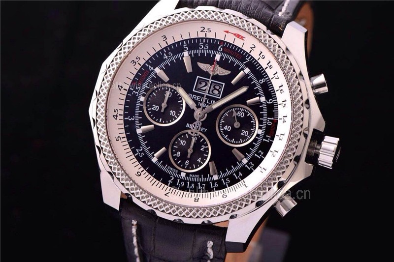 Breitling Bentley 6.75 Big Date Chronograph-Black Dial Black Subdials-Black Leather Strap