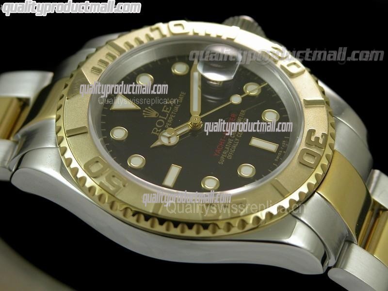 Rolex Yachtmaster II Bi Tone Swiss ETA-Black Dial White Dot Markers-Stainless Steel Oyster Bracelet