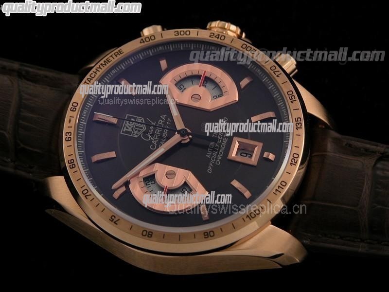 Tag Heuer Grand Carrera Calibre 17 Automatic Chronograph 18K Rose Gold-Brown Dial Silver Ring Subdials-Brown Leather strap
