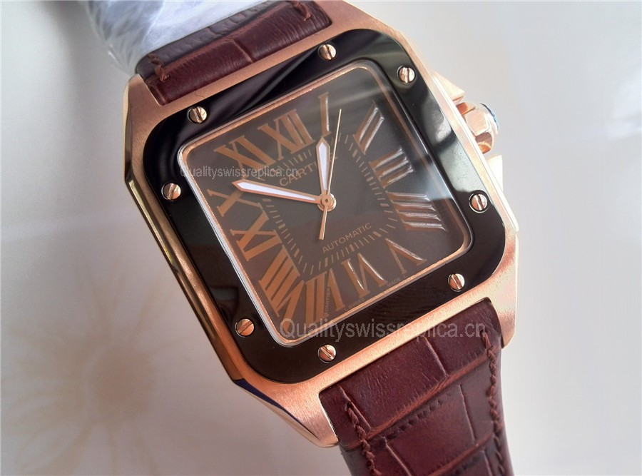 Cartier Santos 100th Anniversary Automatic Watch-Brown Dial-Brown Leather Strap 