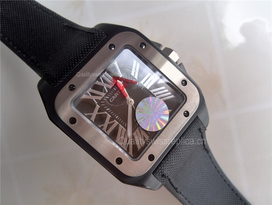 Cartier Santos 100th Anniversary Automatic Watch-Black Dial Titanium Bezel-Black Nylon Strap