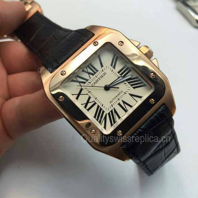 Cartier Santos Swiss Automatic Watch-Rose Gold case- Black Leather Strap