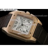 Cartier Santos 100th Anniversary Automatic Watch 18K Rose Gold-White Dial-Brown Leather Strap