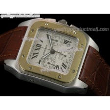 Cartier Santos 100th Anniversary Automatic Watch 18K Gold-White Dial-Crocodile Brown Leather Strap