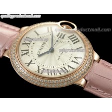 Cartier Blue Ballon Ladies Swiss Watch 18K Rose Gold-White Dial Diamond Crested Bezel-Pink Leather Strap