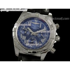Breitling Chronomat B01 Chronograph-Blue Dial Luminous Roman Numeral Markers-Black Leather Strap 