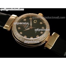 Omega Ladymatic 18K Rose Gold Diamond Swiss Automatic Watch-Black Coral Design Dial-Black Leather Strap