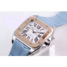 Cartier Santos Women Watch Automatic-White Dial Baby Blue Leather Strap