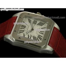 Cartier Santos 100th Anniversary Automatic Ladies Watch-White Dial-Red Leather Strap