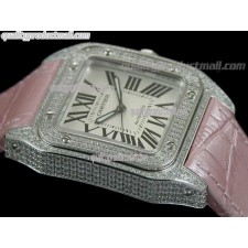 Cartier Santos 100th Anniversary Automatic Watch-White Dial Diamond Crested Bezel-Pink Leather Strap